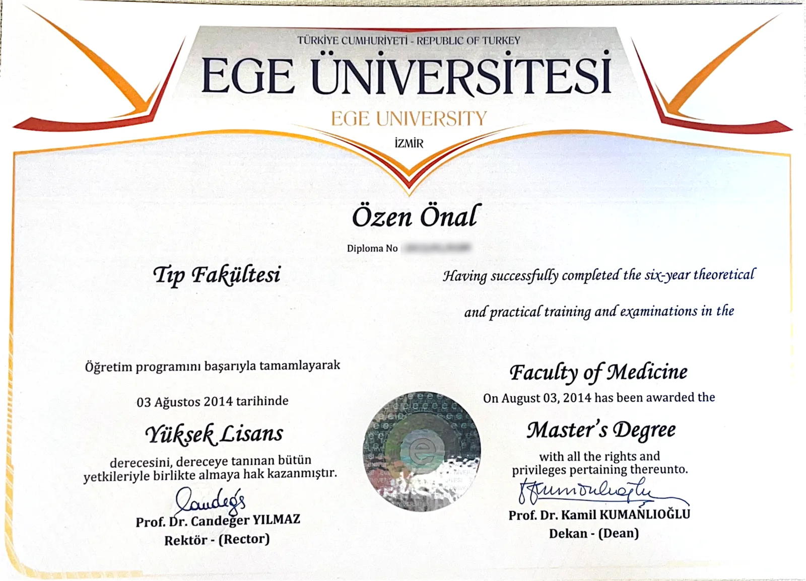 Ege Üniversitesi Tıp Fakültesi diploması, Özen Önal, 2014